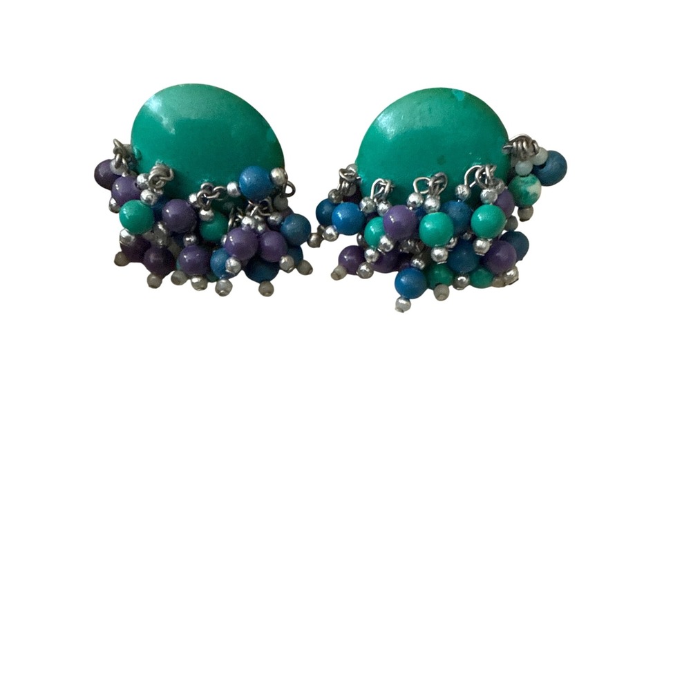 Vintage Teal Purple Blue Beaded Cluster Clip On Statement Earrings Retro Boho